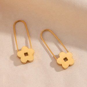 Gold Flower Safety Pin Hoop Earrings 18K Gold Plated